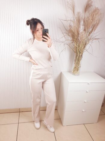 komplet, beżowy, La Blanche, spodnie, top, prążkowana dzianina