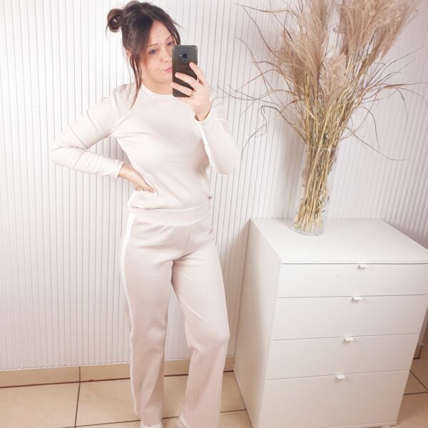 komplet, beżowy, La Blanche, spodnie, top, prążkowana dzianina