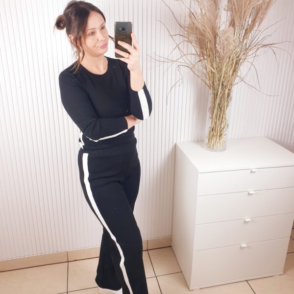 komplet, La Blanche, czarny, z lampasem, z prążkowanej dzianiny