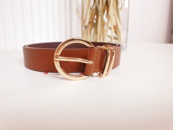 pasek, damski, skórzany, maza, brązowy, ze złotą klamrą