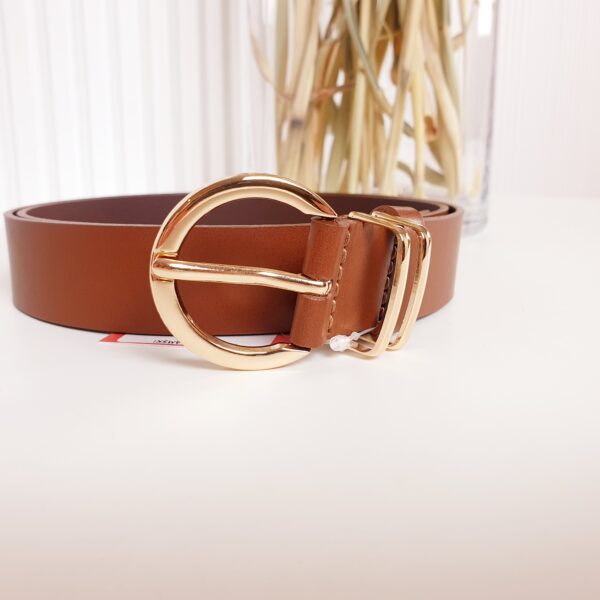 pasek, damski, skórzany, maza, brązowy, ze złotą klamrą