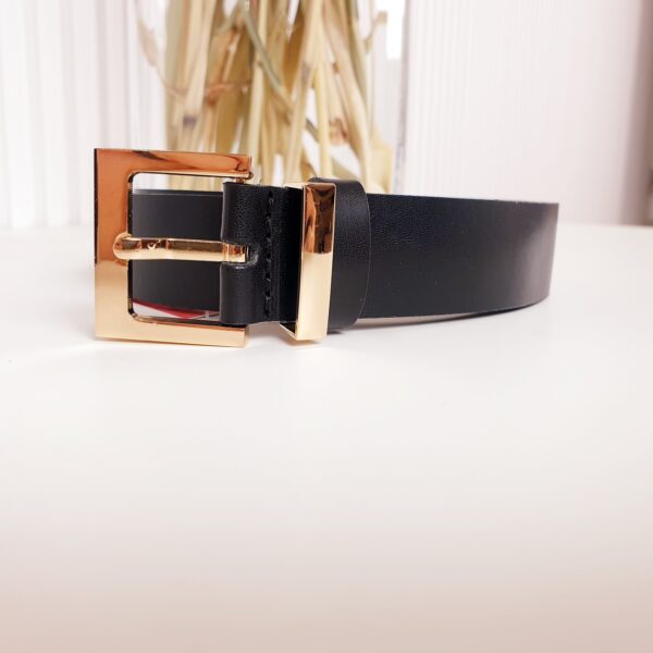 pasek, damski, skórzany, czarny, ze złotą klamrą,