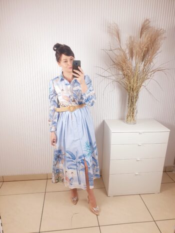 sukienka, niebieska, w oryginalne wzory, sukienka w ptaki, zapinana na guziki, z kołnierzykiem, długi rękaw