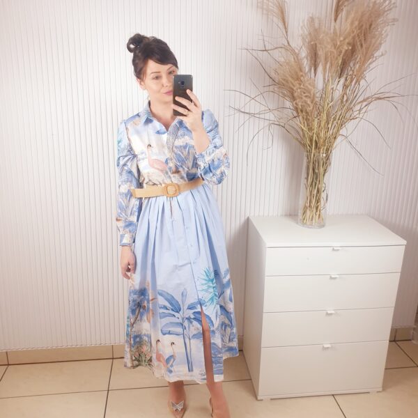 sukienka, niebieska, w oryginalne wzory, sukienka w ptaki, zapinana na guziki, z kołnierzykiem, długi rękaw