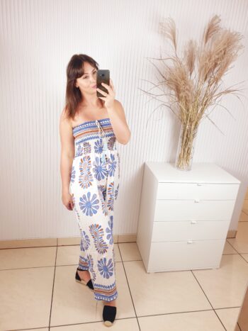 kombinezon, szeroka nogawka, niebieski, we wzory, z szeroką gumą na biuście, nota bene