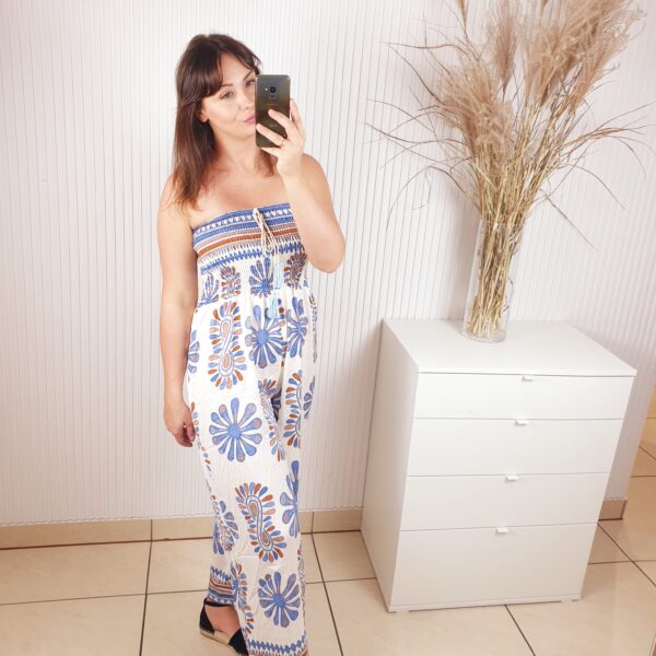 kombinezon, szeroka nogawka, niebieski, we wzory, z szeroką gumą na biuście, nota bene