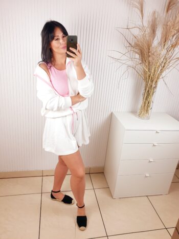 komplet, aszmi, 3-częściowy, szorty, top, bluza, biały