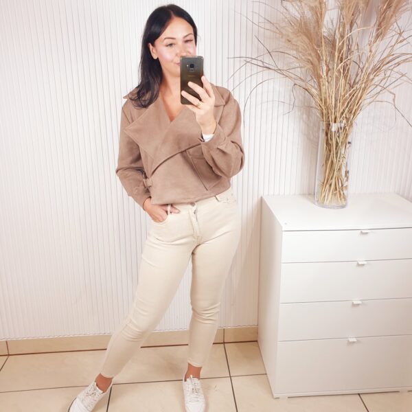 kurtka, zamszowa, z kołnierzem, z kieszonką z przodu, do pasa, krótka kurtka