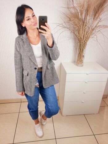 marynarka, jodełka, szara, oversiz, zapinana na guzik, z kieszeniami z przodu