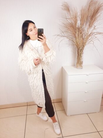 kardigan, długi, z frędzlami, jasny, śmietankowy, ecru,