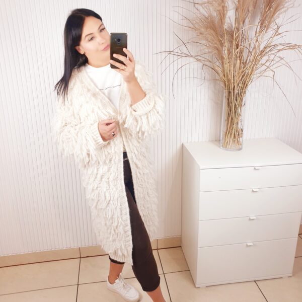 kardigan, długi, z frędzlami, jasny, śmietankowy, ecru,