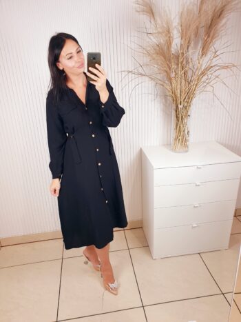 sukienka szmizjerka, czarna, zapinana na guziki, midi, z kołnierzykiem