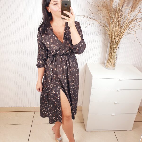 sukienka, midi, w kwiatki, czekoladowa, z rozcięciem, długi rękaw