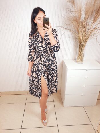 sukienka, midi, kopertowy dekolt, długi rękaw, z rozcięciem,