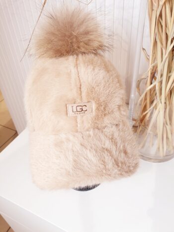 czapka, ugg, z pomponem, beżowa, czapka z daszkiem