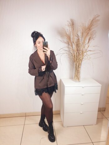 marynarka, brązowa, z koronką, bawełniana, oversizowa,