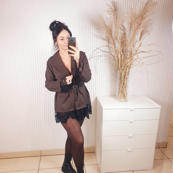 marynarka, brązowa, z koronką, bawełniana, oversizowa,