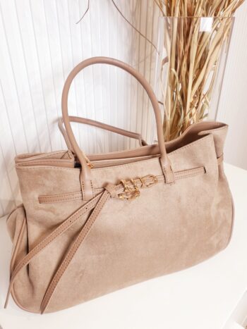 torebka, zamszowa, beżowa, zapinana na zamek, ekologiczna skóra