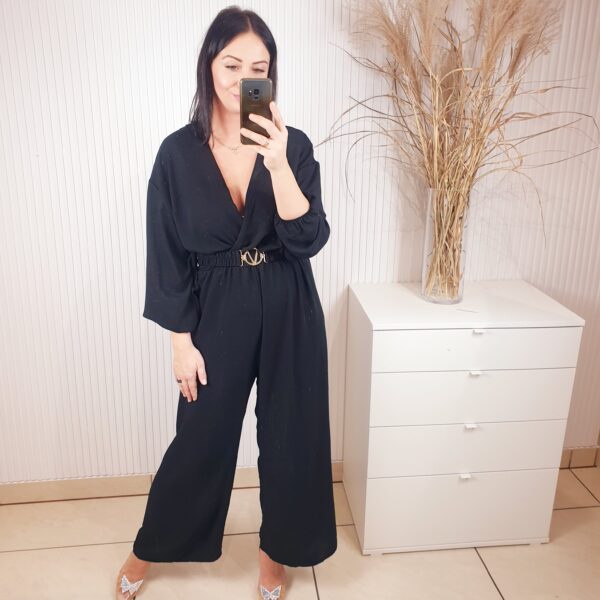 kombinezon, z długim rękawem, kopertowy dekolt, pasek z klamrą, prosta szeroka nogawka