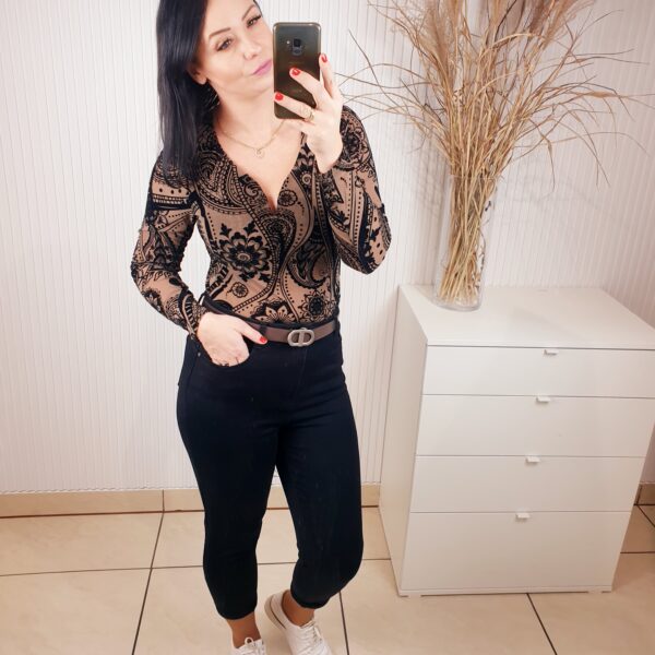 bluzka, tatuażowa, długi rękaw, dekolt, body, beżowo-brązowa