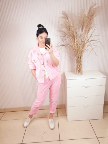 kurtka sztruksowa, różowa, arbuzowa, zapinana na guziki, damska kurtka sztruksowa