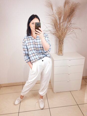 koszula w kratę, niebiesko-beżowa, zapinana na guziki, damska koszula flanelowa w kratę