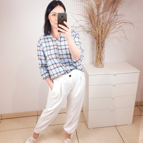 koszula w kratę, niebiesko-beżowa, zapinana na guziki, damska koszula flanelowa w kratę