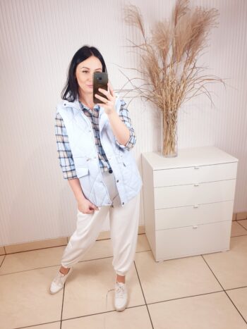 kamizelka, pikowana, niebieska, z kieszeniami, na zamek, dłuższa kamizelka