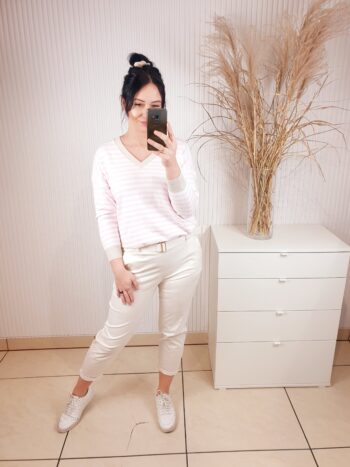 sweter, paski, beżowy, różowy, sweter damski w paski