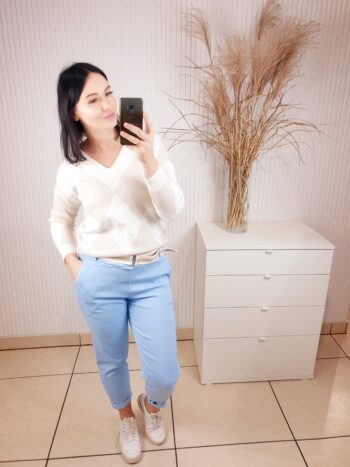 sweter, długi rękaw, damski sweter w romby, beżowo-biały,