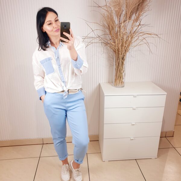 koszula, biała, z jeansowymi akcentami, biało-niebieska, z kieszonką, z długim rękawem