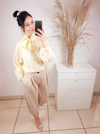 koszula, damska koszula w groszki, wiązana przy szyi, cytrynowa, długi rękaw