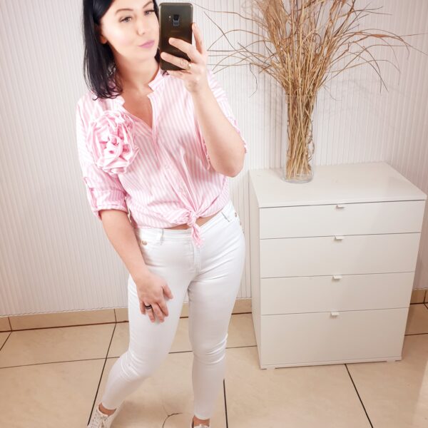 koszula, w paski, biało-różowe, zapinana na guziki, ze stójką, z przypinanym rękawem