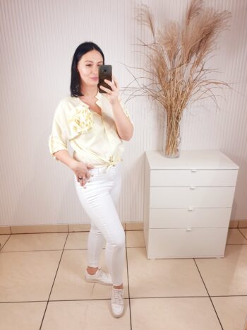 koszula, z różą, cytrynowa, w biało-żółte paski, zapinana na guziki