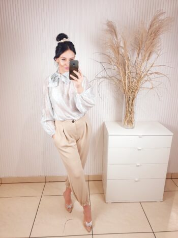 koszula w groszki, damska koszula w groszki, wiązana przy szyi, niebieska, z długim rękawem