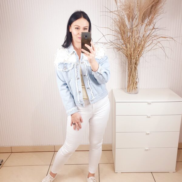 katanka, kurtka jeansowa, z ażurowymi wykończeniami, z ażurowym tyłem