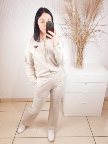 dres, komplet dresowy, aszmi style, rozpinana bluza, beżowy, spodnie z prostą nogawką