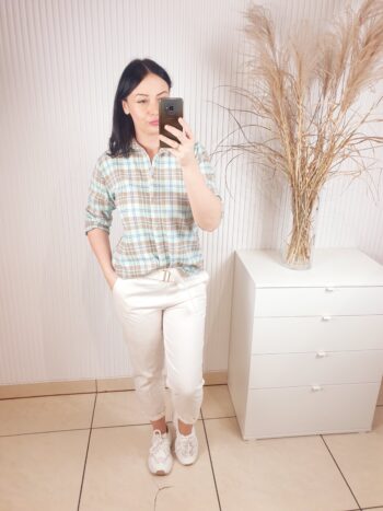 koszula, z długim rękawem, na guziki, z kołnierzykiem, overisezowa, rozmiar uniwersalny, w kratkę niebiesko-beżowa, bawełniana