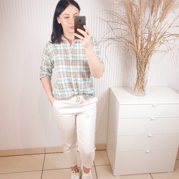 koszula, z długim rękawem, na guziki, z kołnierzykiem, overisezowa, rozmiar uniwersalny, w kratkę niebiesko-beżowa, bawełniana