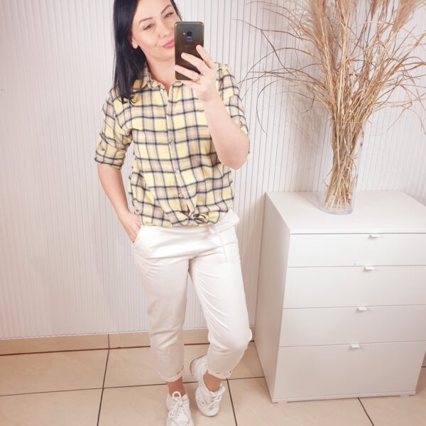 koszula, w kratkę, rozmiar uniwersalny, żółto-beżowa, na guziki, długi rękaw, z kołnierzykiem, bawełniana