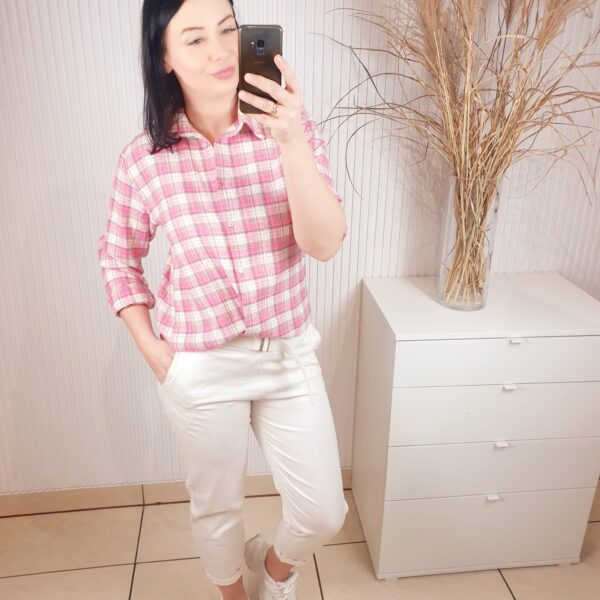 koszula, zapinana na guziki, overisezowa, długi rękaw, rozmiar uniwersalny, z kołnierzem, bawełniana, różowo-kremowa