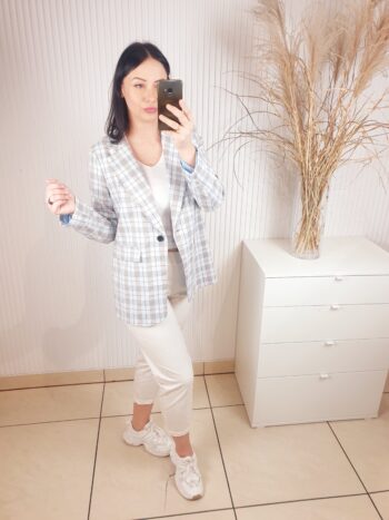 marynarka, na podszewce, rozmiar uniwersalny, na jeden guzik, z odwijanym kołnierzem, w kratkę, overisize, dzianinowa, niebiesko-beżowa