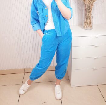 spodnie, livans, niebieskie, sztruksowe, z kieszeniami, gumka w pasie