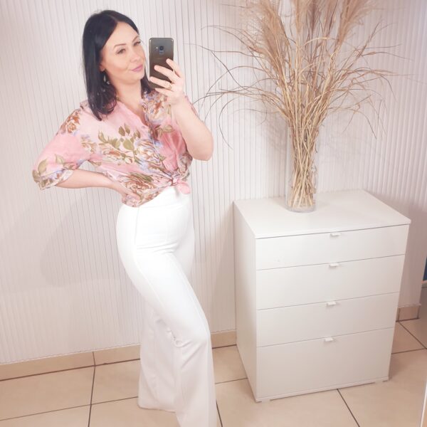 bluzka, damska bluzka w kwiaty, różowa, koszula zapinana na guziki, rękaw 3/4