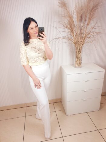 bluzka, koronkowa, biała, z krótkim rękawem, dopasowana, damska koronkowa bluzka