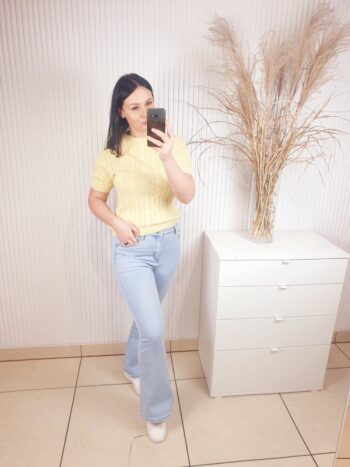 sweter, w warkocz, cytrynowy, krótki rękaw, damski sweter w warkocz