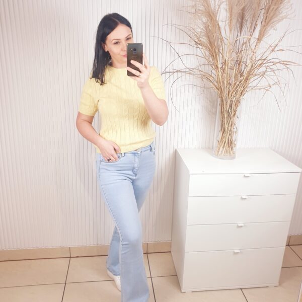 sweter, w warkocz, cytrynowy, krótki rękaw, damski sweter w warkocz